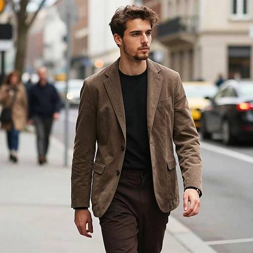 Young Man Walking Down City Street in Brown Blazer - Gen Z Urban Fashion