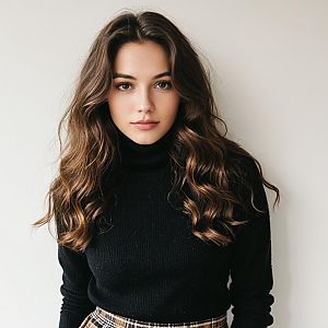 Young Woman in Black Turtleneck and Plaid Skirt
