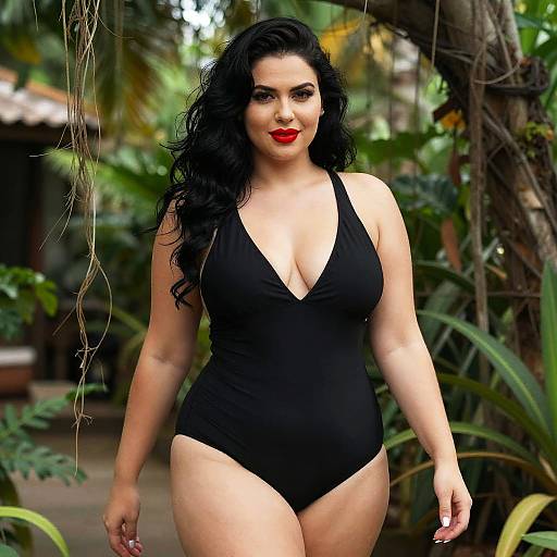 Confident Woman in Black Swimsuit Outdoors with Lush Green Background