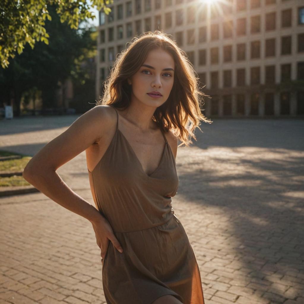 Young Woman in Stylish Brown Dress Outdoors