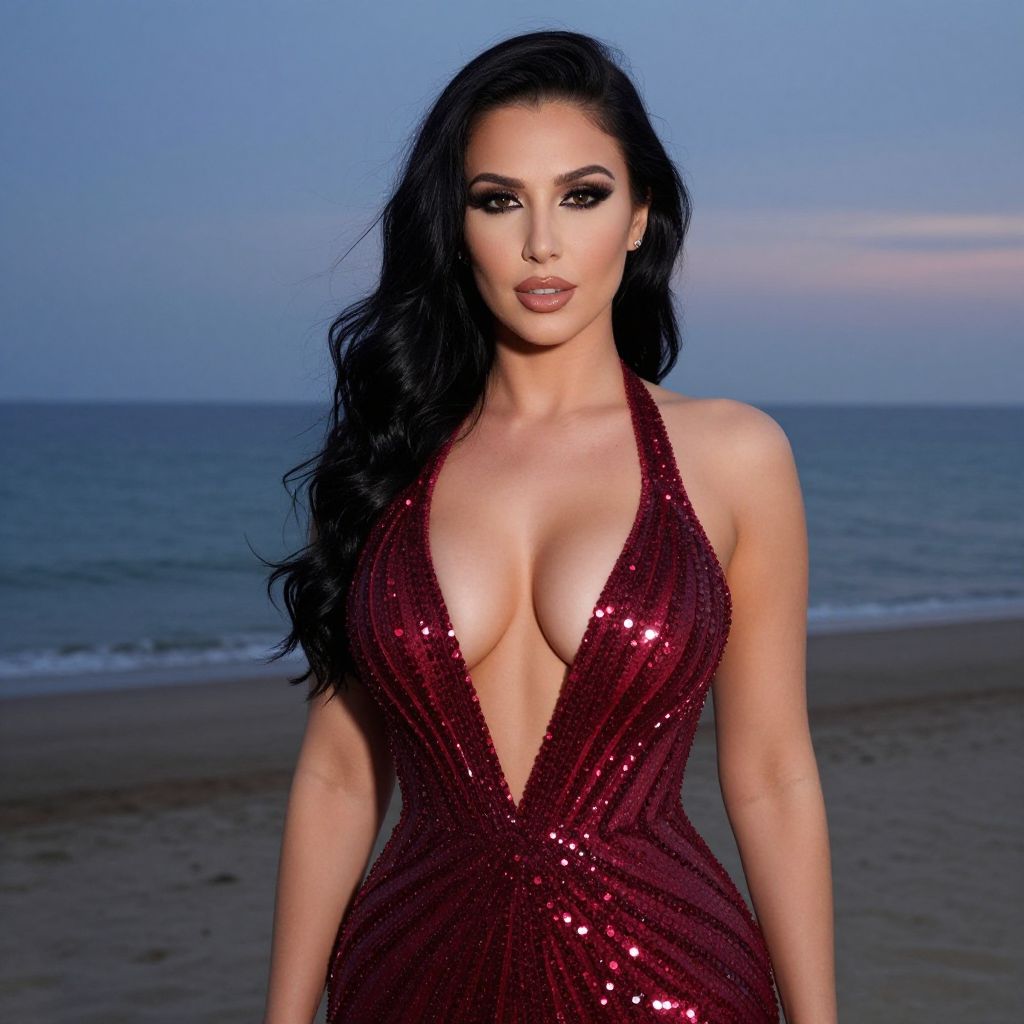 Glamorous Woman in Red Sequin Dress on Beach at Dusk