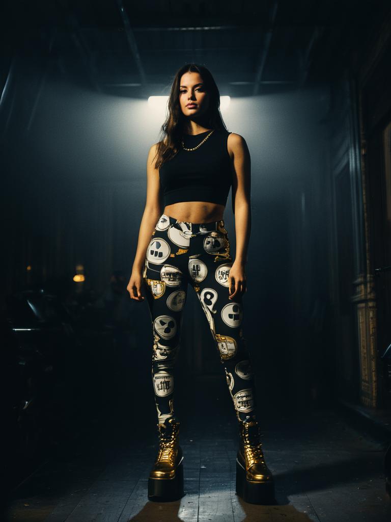 Edgy Street Style Woman in Black Crop Top and Graphic Leggings