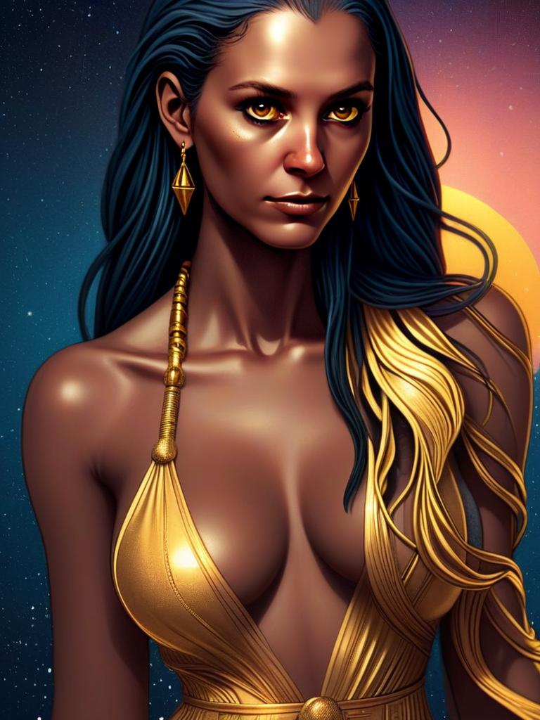 Woman with Golden Eyes in Cosmic Background