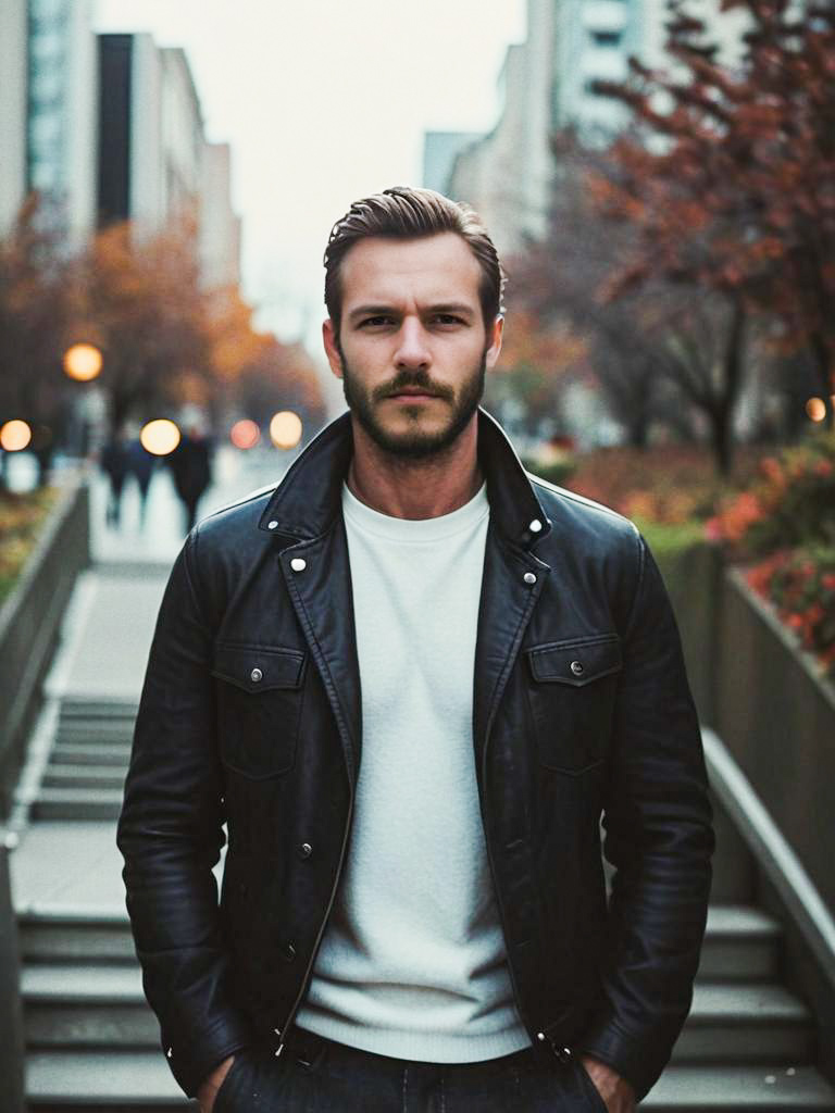 Stylish Man in Urban Setting with Leather Jacket