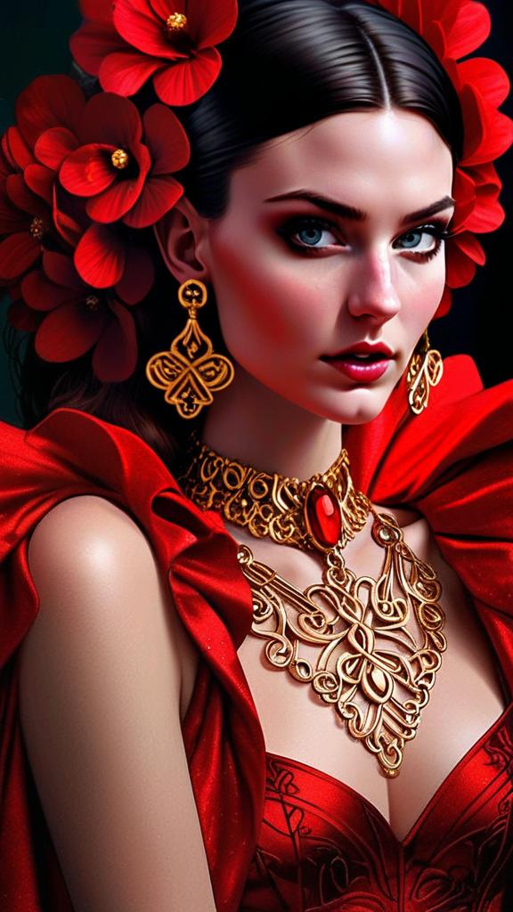 Stunning Woman in Red Outfit with Gold Jewelry Stunning Woman in Red Outfit with Gold Jewelry