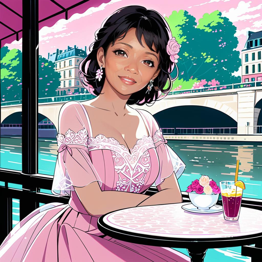 Anime Woman in Pink Dress at Café