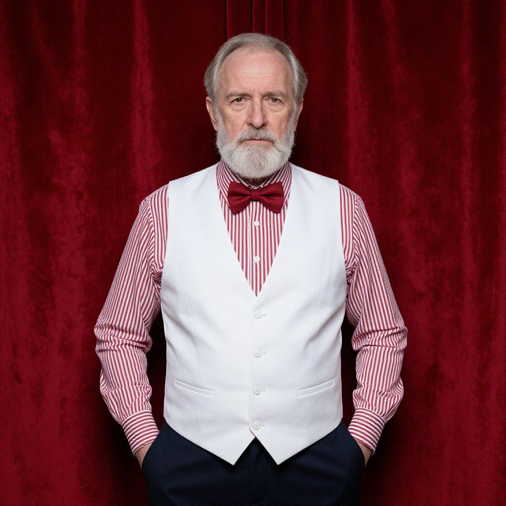 Elderly Man in White Vest and Red Bow Tie Standing Against Red Velvet Curtain