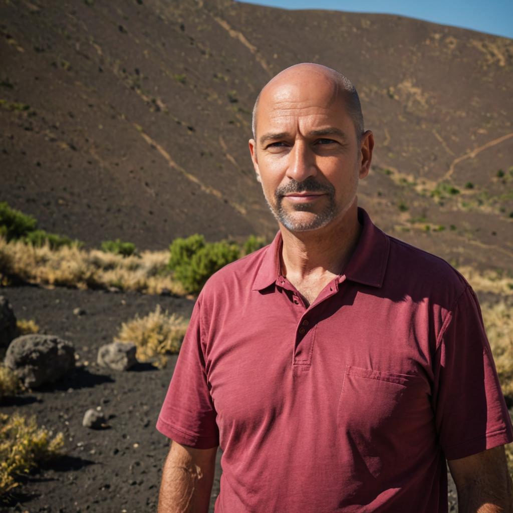 Man in Red Polo Shirt in Rugged Mountain Terrain