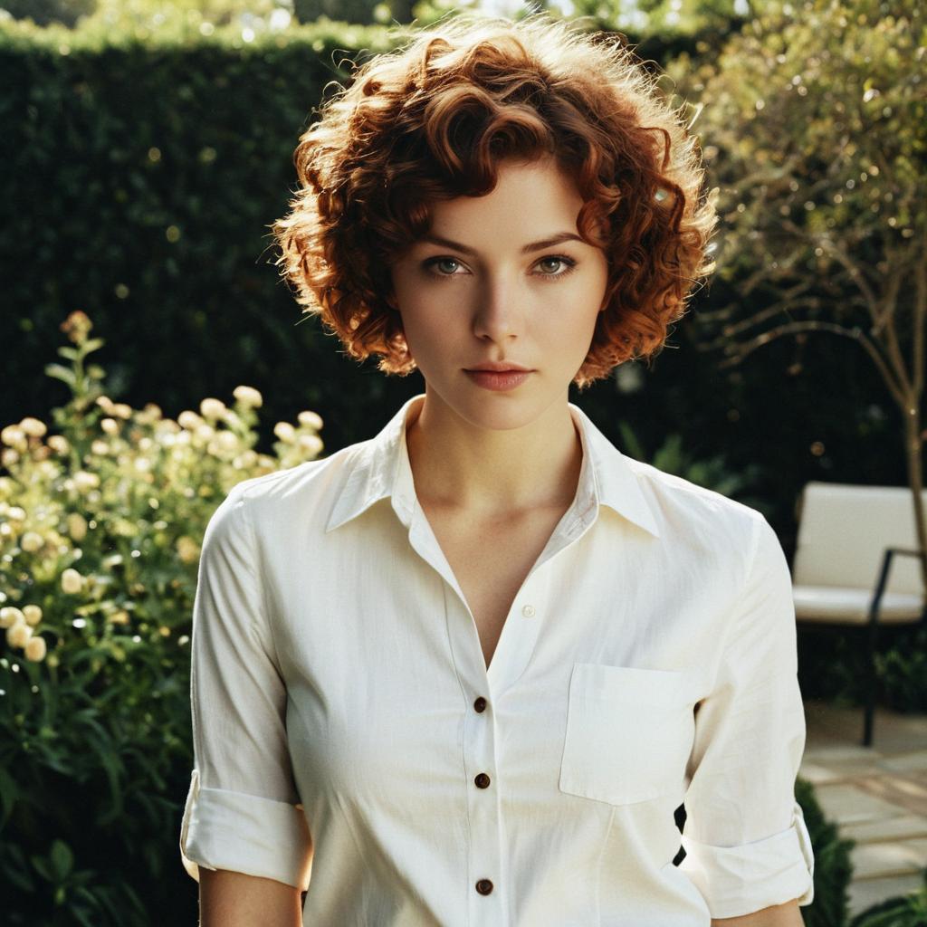 Portrait of Woman with Curly Red Hair Outdoors in White Shirt Portrait of Woman with Curly Red Hair Outdoors in White Shirt