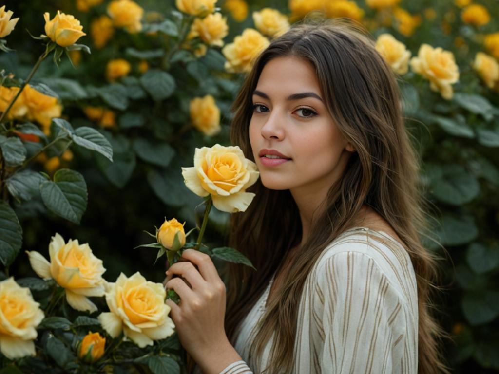 Woman in a garden of yellow roses