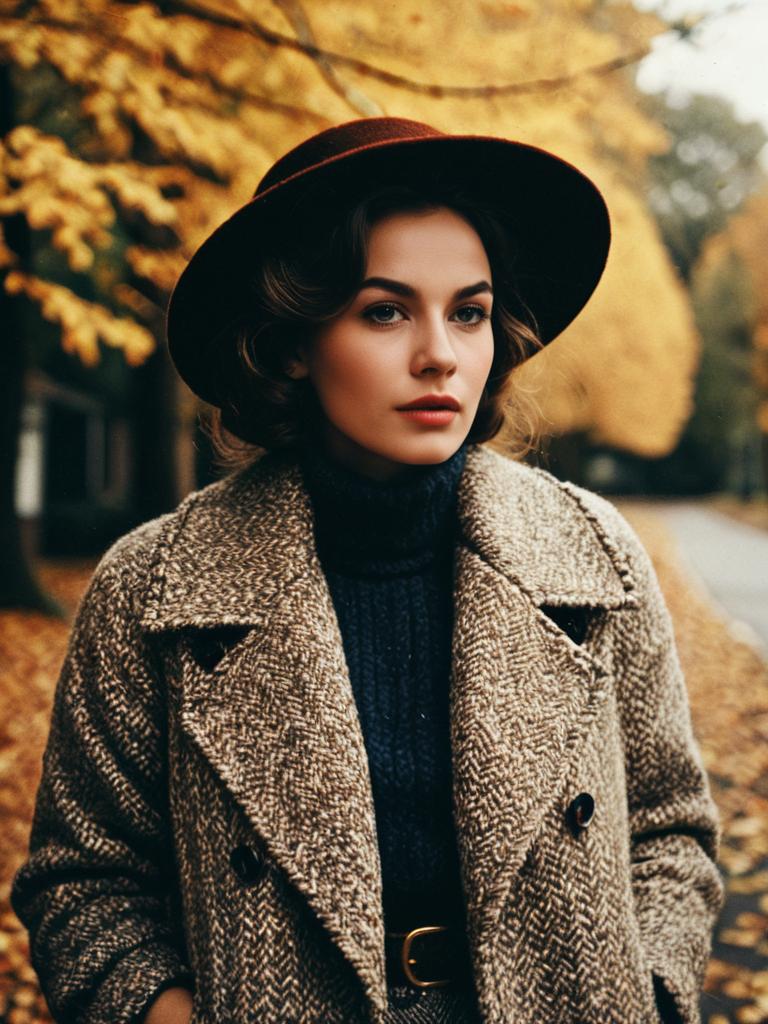 Woman in Vintage Cozy Fall Outfit with Wide-Brimmed Hat