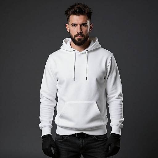 Man Wearing White Hoodie and Black Gloves on Dark Background
