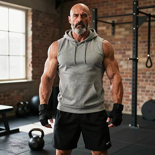 Muscular Mature Man in Gym Wearing Gray Sleeveless Hoodie