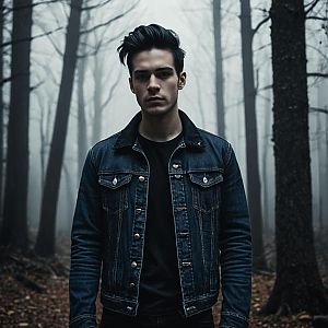 Young Man in Foggy Forest with Denim Jacket