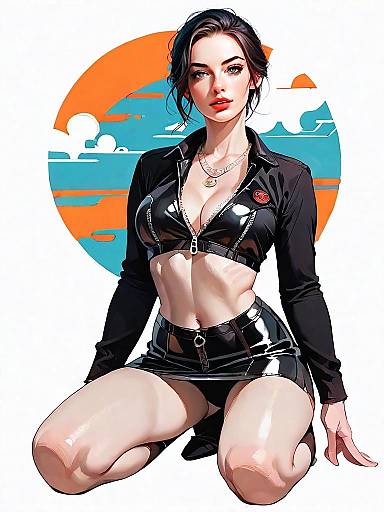 Realistic Digital Illustration of Woman in Glossy Black Fashion Outfit Kneeling