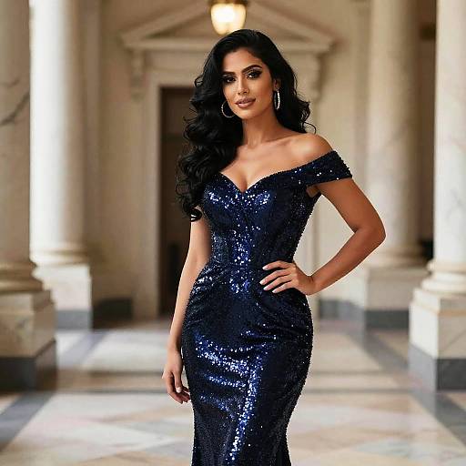 Elegant Woman in Navy Blue Sequin Evening Gown in Classical Interior