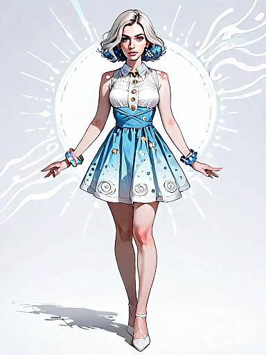 Realistic Full-Body Illustration of Woman in White and Blue Dress with Minimalistic Background