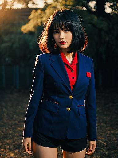 Realistic Cosplay Woman as Misato Katsuragi in Navy Blazer and Red Shirt