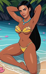 Digital Illustration of Woman in Yellow Bikini by Tropical Beach