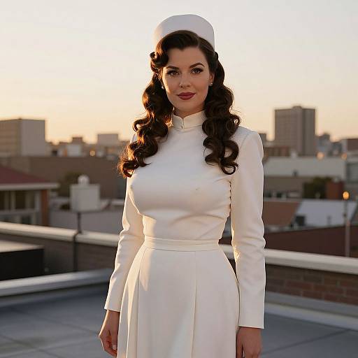 Classic 1940s Style Woman in Elegant White Dress on Urban Rooftop