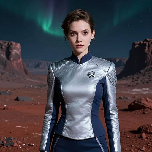 Woman in Futuristic Silver Uniform on Alien Landscape with Aurora