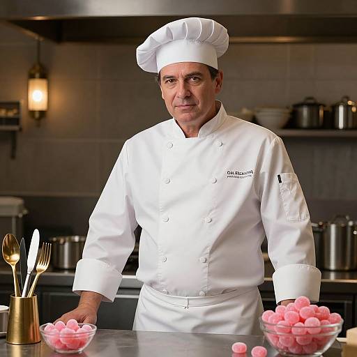 Professional Male Chef in White Uniform Standing in Kitchen with Pink Candy