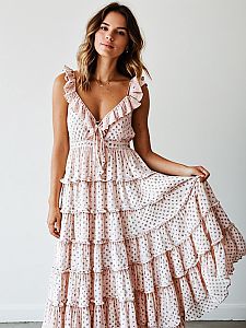 Romantic Bohemian Tiered Maxi Dress in Soft Pink with Polka Dots