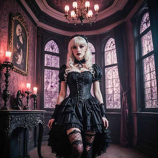 Gothic Victorian Woman in Black Dress in Vintage Candlelit Room