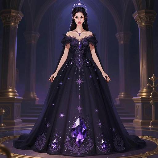 Elegant Woman in Purple Amethyst Crystal Gown Fantasy Digital Art