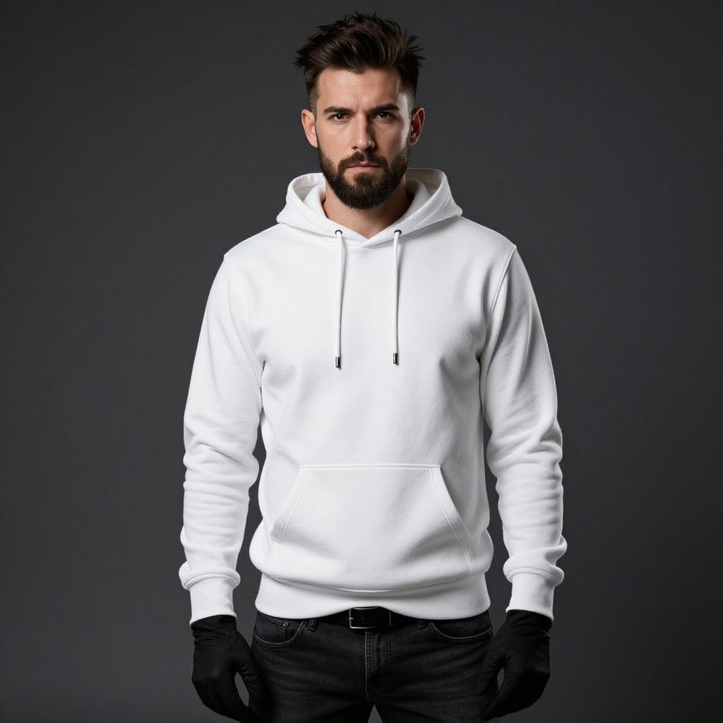 Man Wearing White Hoodie and Black Gloves on Dark Background