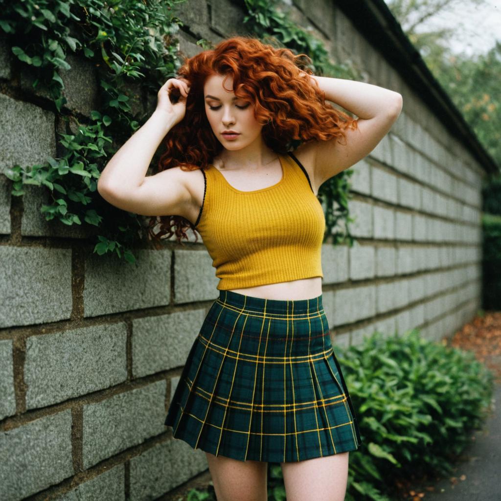 Redhead Woman in Mustard Crop Top and Plaid Skirt by Ivy Stone Wall