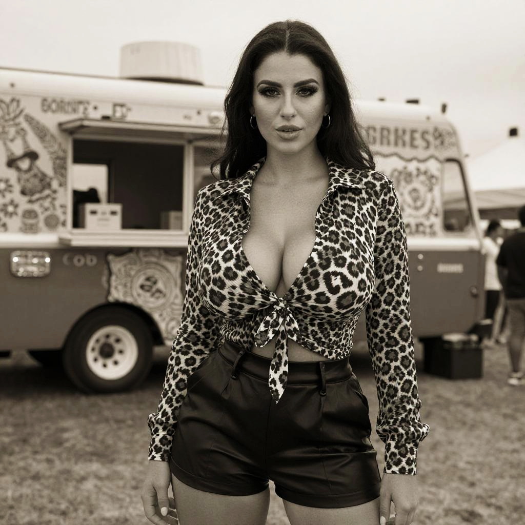 Trendy Woman in Leopard Print Blouse and Black Faux Leather Shorts