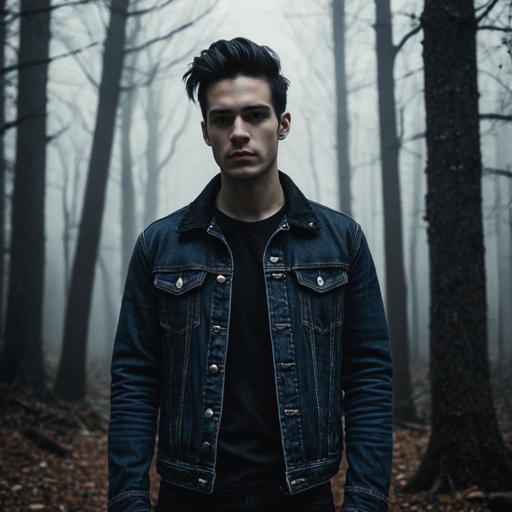 Young Man in Foggy Forest with Denim Jacket