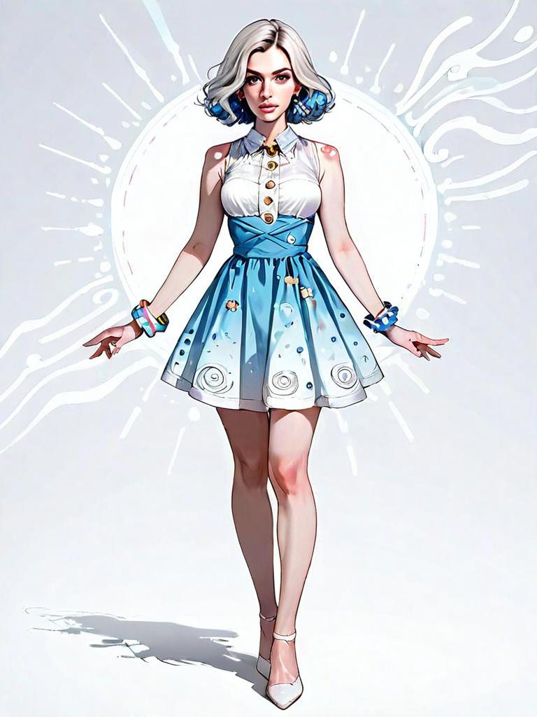 Realistic Full-Body Illustration of Woman in White and Blue Dress with Minimalistic Background