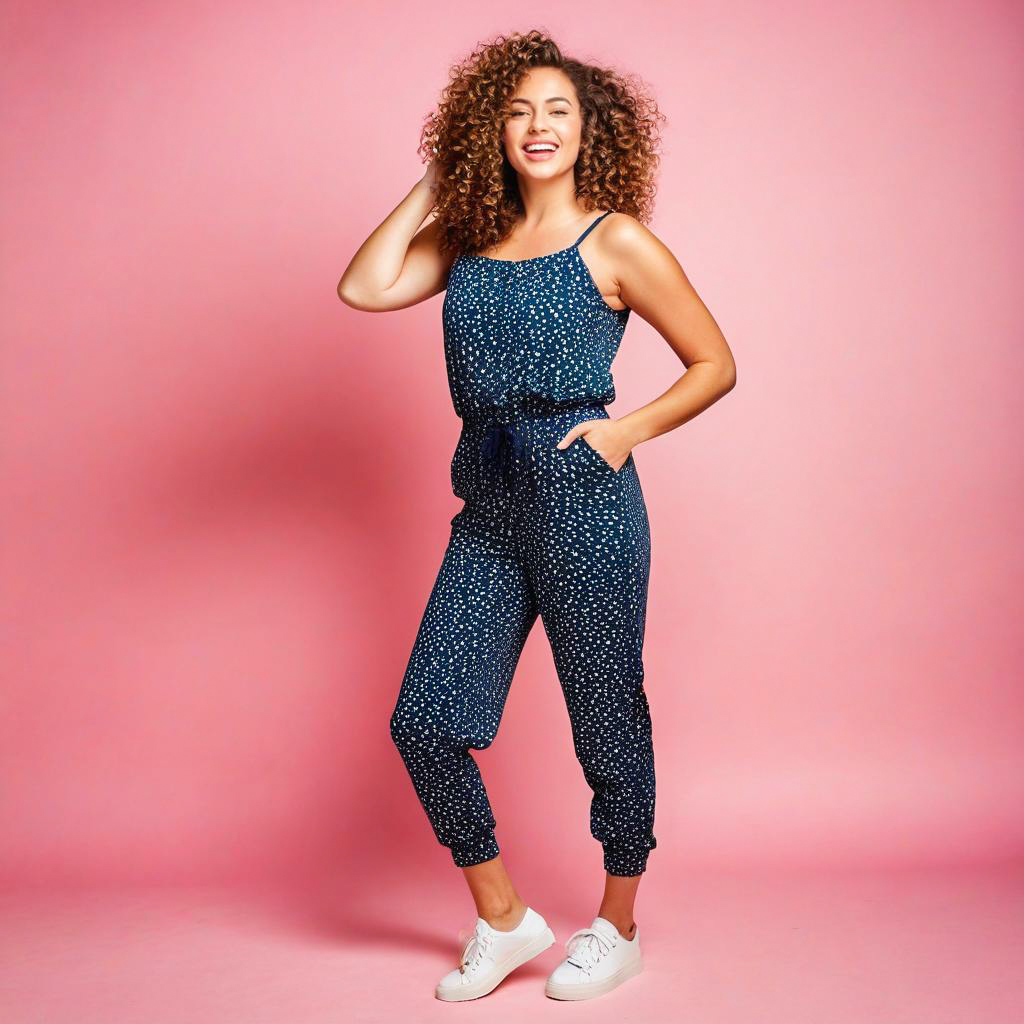 Cheerful Woman in Navy Jumpsuit Against Pink Background Cheerful Woman in Navy Jumpsuit Against Pink Background