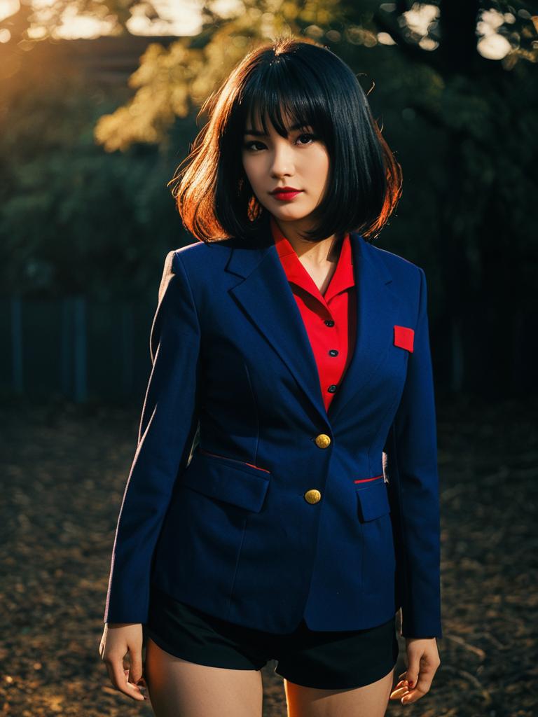 Realistic Cosplay Woman as Misato Katsuragi in Navy Blazer and Red Shirt