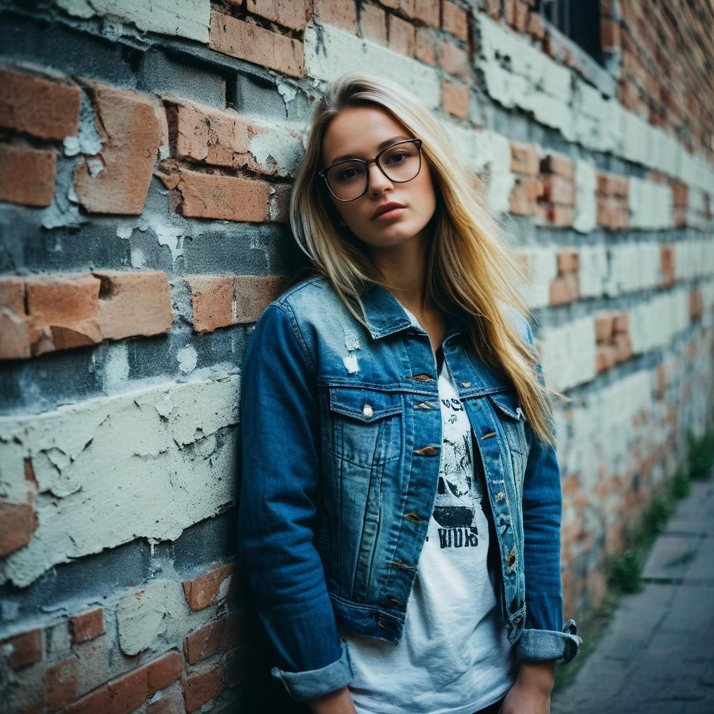 Young Woman in Denim Jacket Leaning on Brick Wall Urban Portrait