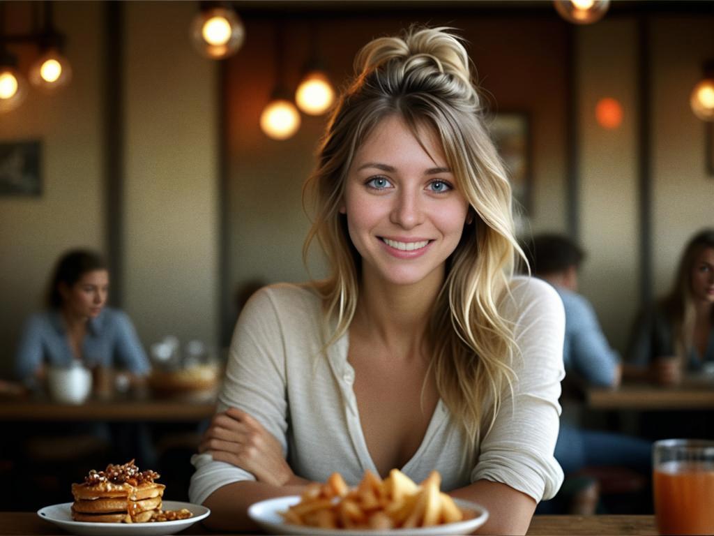 Smiling Woman Enjoying Brunch at Cozy Café