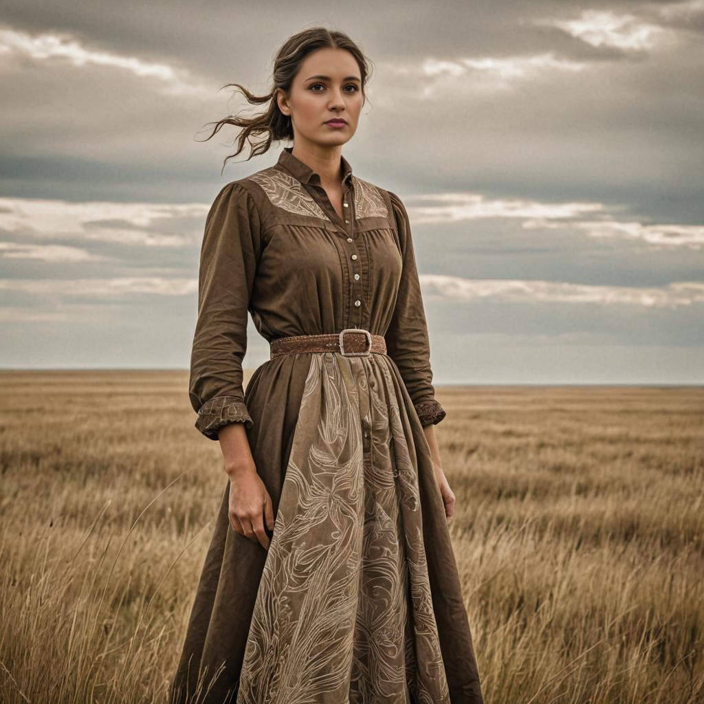 Elegant Woman in Earth-Toned Dress in Open Field