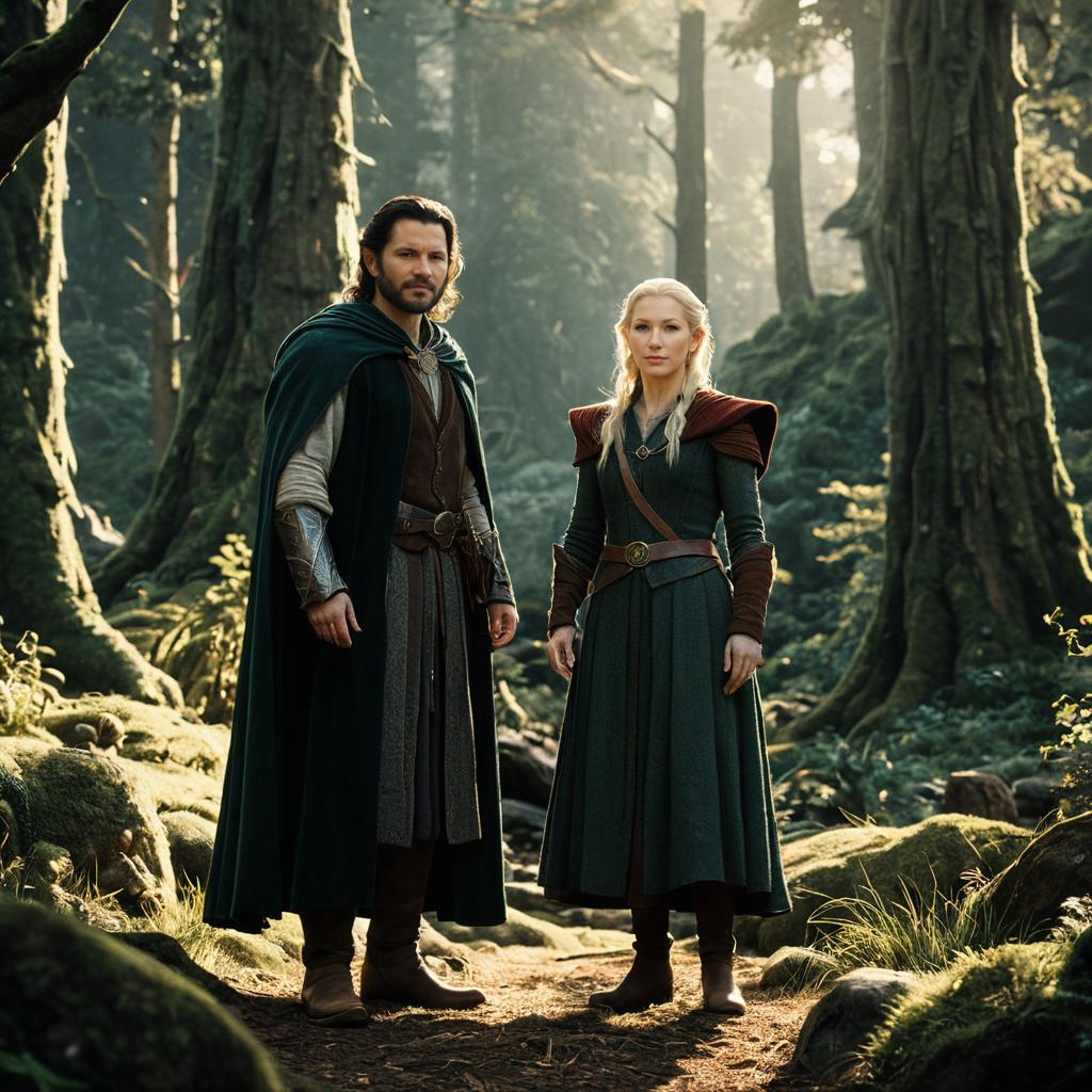 Fantasy Medieval Couple in Mystical Forest Scene