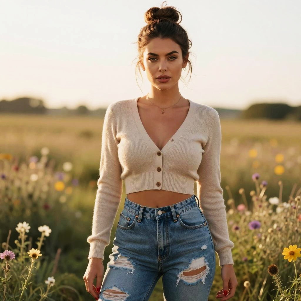 Woman in Casual Chic Outfit with Beige Cropped Cardigan and Ripped Jeans
