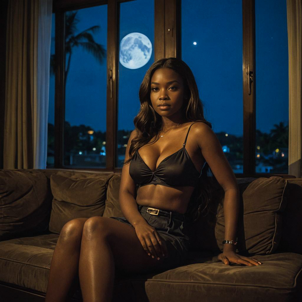 Confident Young Woman on Sofa with Moonlight