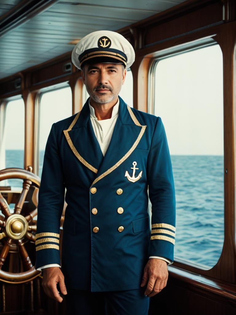 Man in Ship Captain Costume Cinematic Realism Nautical Heroic Portrait