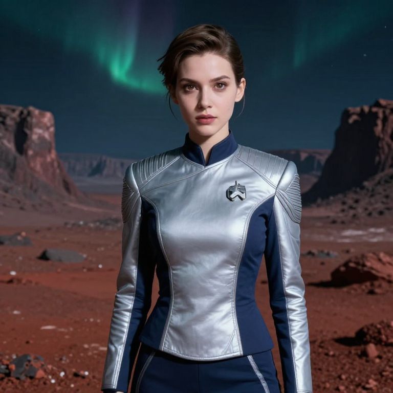 Woman in Futuristic Silver Uniform on Alien Landscape with Aurora