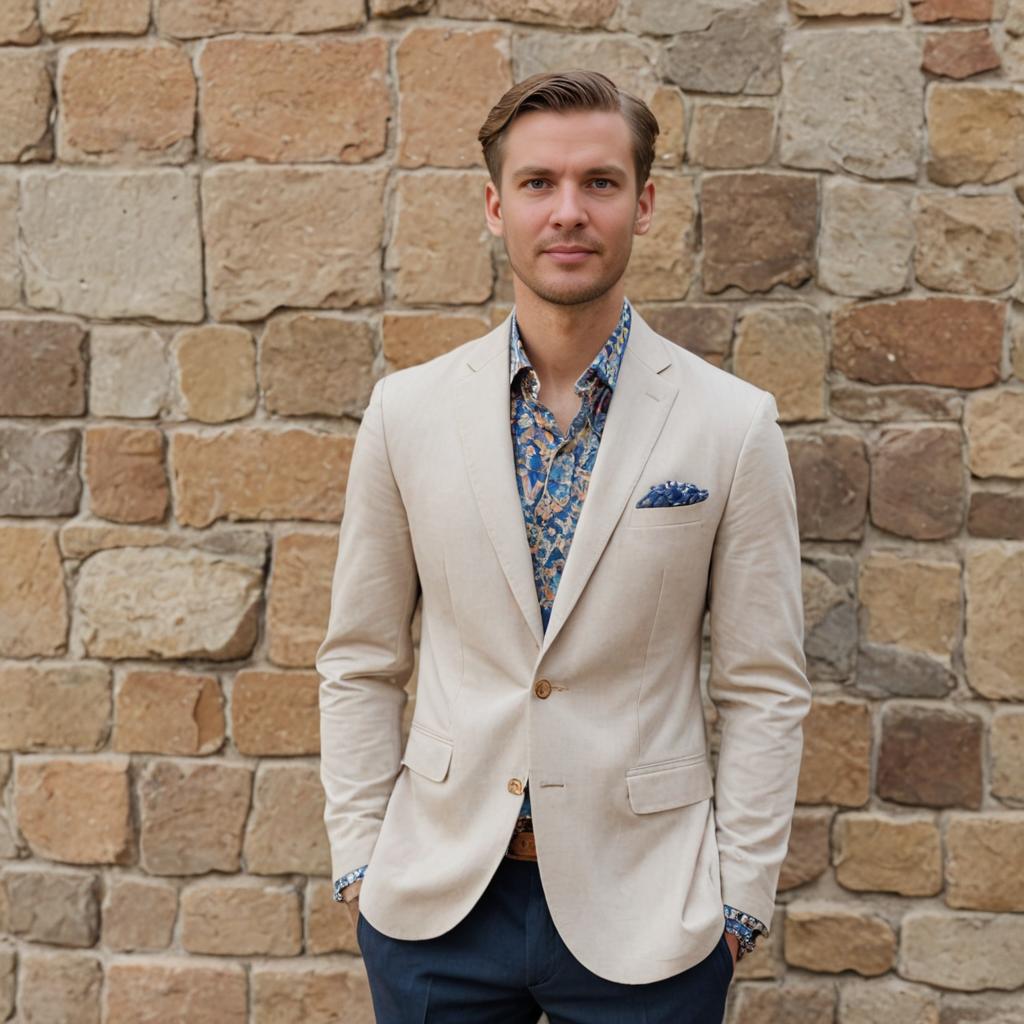 Stylish man in elegant outfit against stone wall