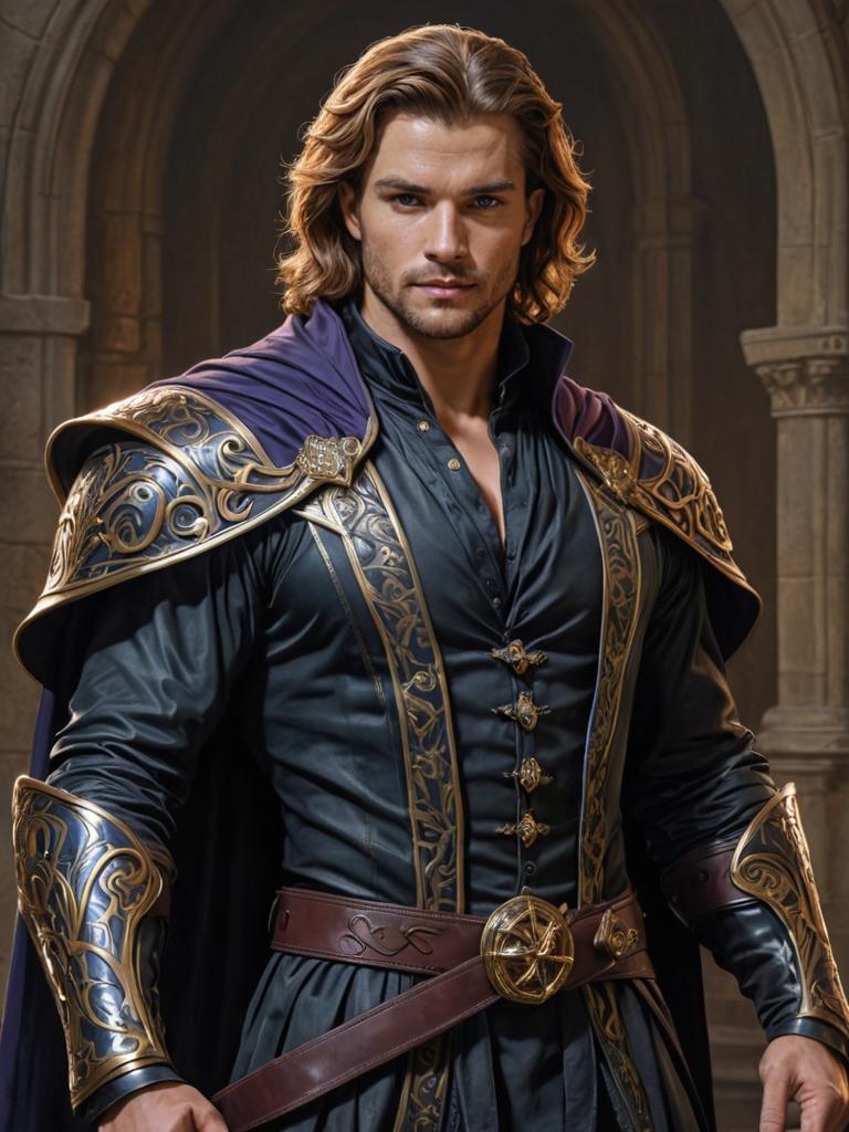 Muscular Young Warlock in Elegant Fantasy Costume