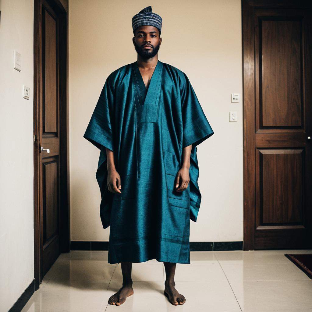 Man Wearing Traditional Agbada Style Costume with Cap Indoors