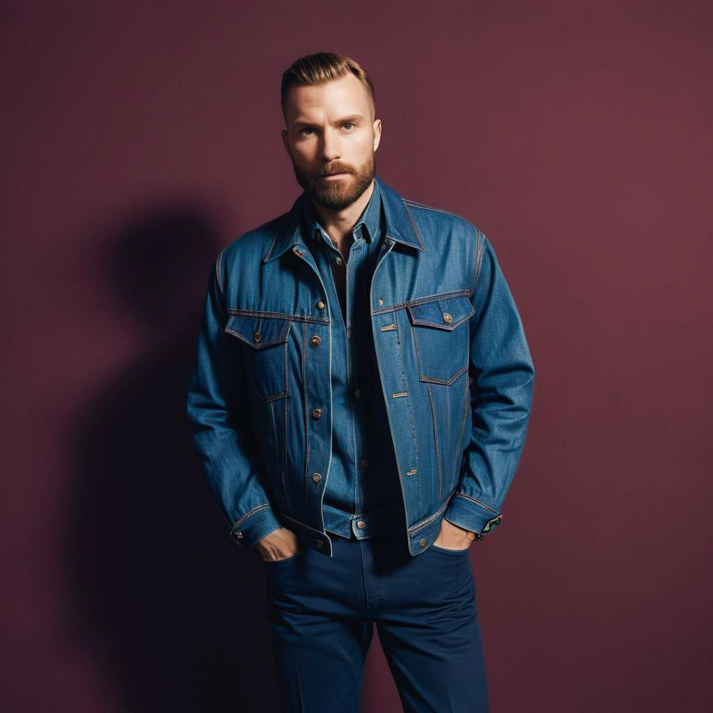 Stylish man in denim jacket against purple backdrop