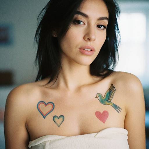 Portrait of Young Woman with Colorful Heart and Bird Chest Tattoos