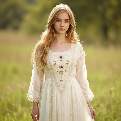 Young Woman in Vintage Lace Dress Standing in Sunlit Field